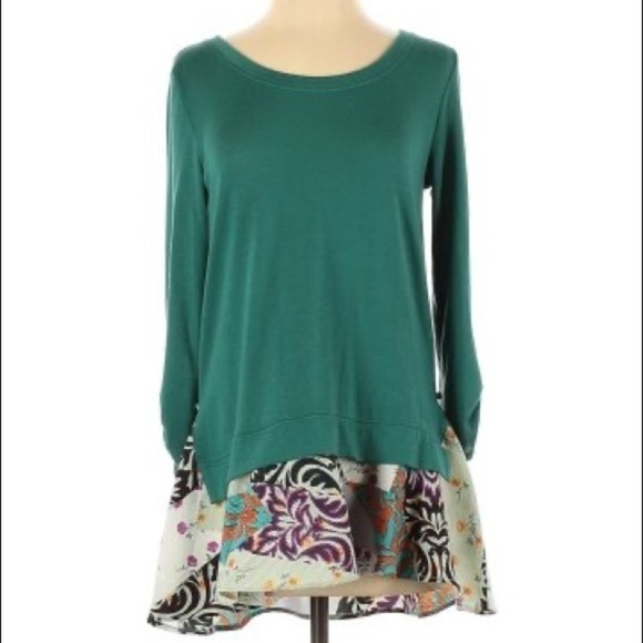 ✅ Anthropologie Little Yellow Button Blouse Sz S Green Flounce Tunic Rolled Tab - Picture 2 of 9